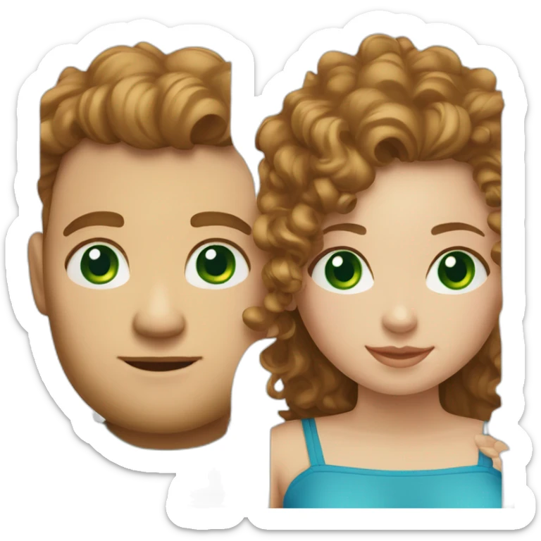 Couple. white European man with brown curly hair and bright blue eyes. chubby wphite woman with long light brown curly hair and green eyes. sticker