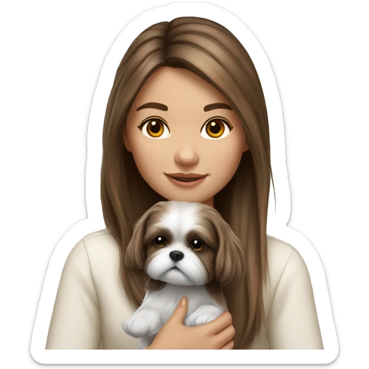 Realistic Brunette long hair light skin girl with shi tzu puppy sticker
