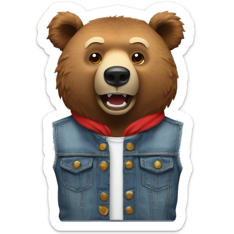 grizzly bear wearing sleeveless jean jacket and red headband with open mouth sticker