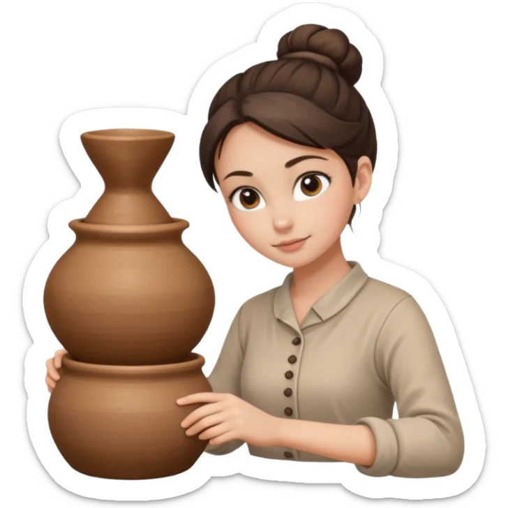 Brunette girl with a bun, behind the potter's wheel, wearing neutral clothing sticker