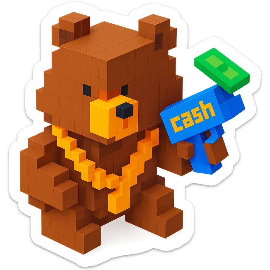 Russian grizzly bear wearing a rapper chain and holding a money gun sticker