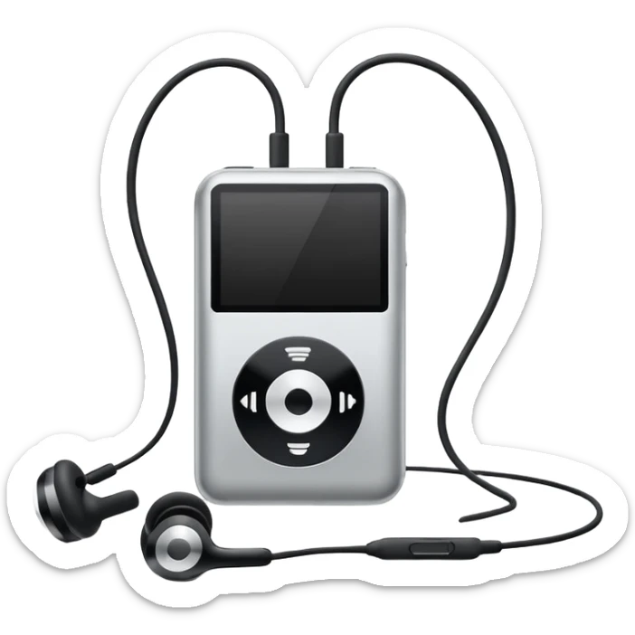 Futuristic iPod emoji with earphones, metallic black and white, smooth reflective surfaces, flat minimal vector design, clean UI style sticker