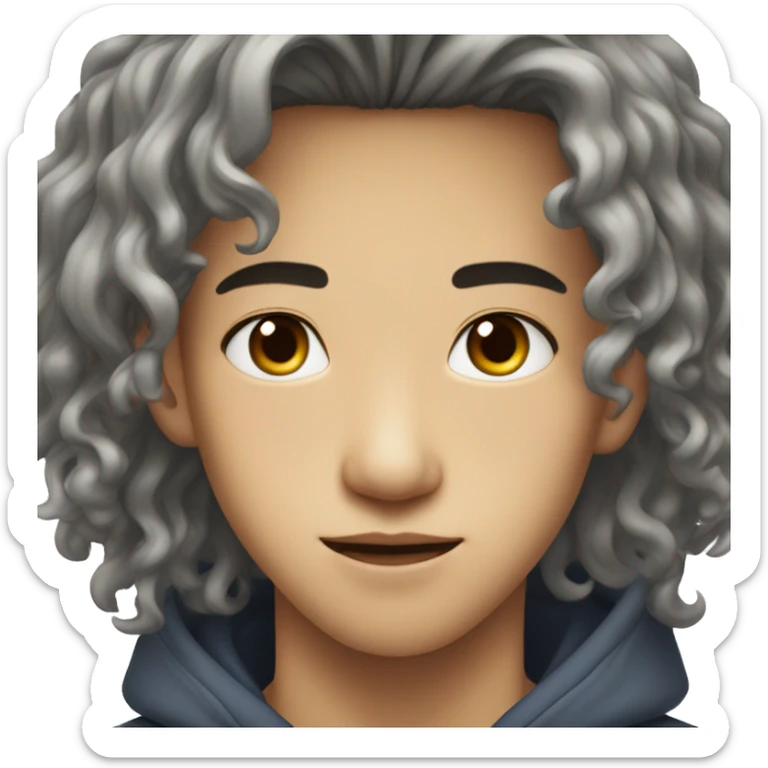 Teen boy type Asian, long wavy hair not too wavy, dark eyes, wearing hoodie sticker