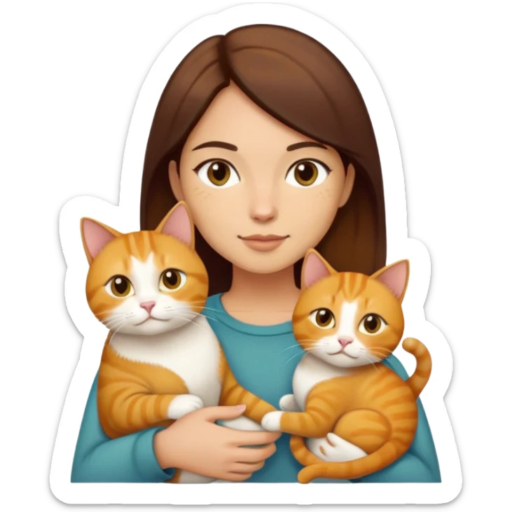 Straight short hair ear length in dark brown , skin tone honey . holding one ginger cat and one yellow white cat same size  sticker