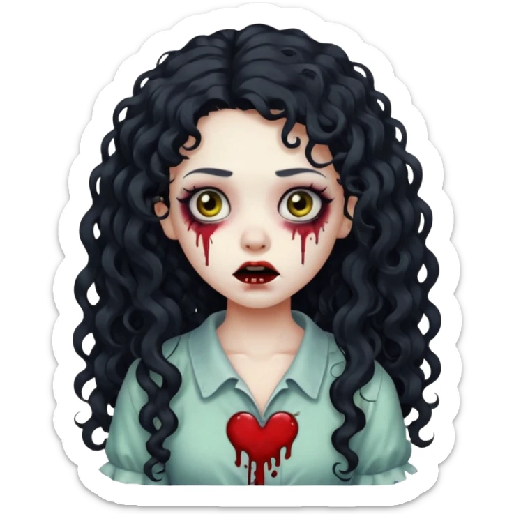 adorable zombie girl with long black curly hair and a white streak, unsettling face, makeup, iPhone emoji style sticker