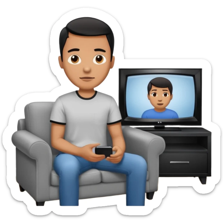 A man photographed from behind, sitting on a sofa and watching the news on TV on a modern flat screen. The setting is a living room. sticker