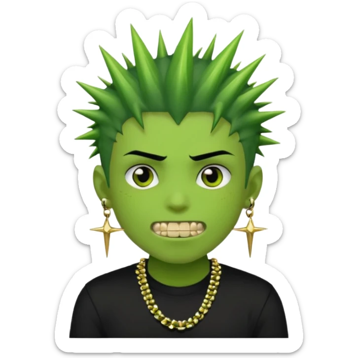 green zombie boy with spiky black emo hair and a black shirt with piercings and gold grilzz  sticker