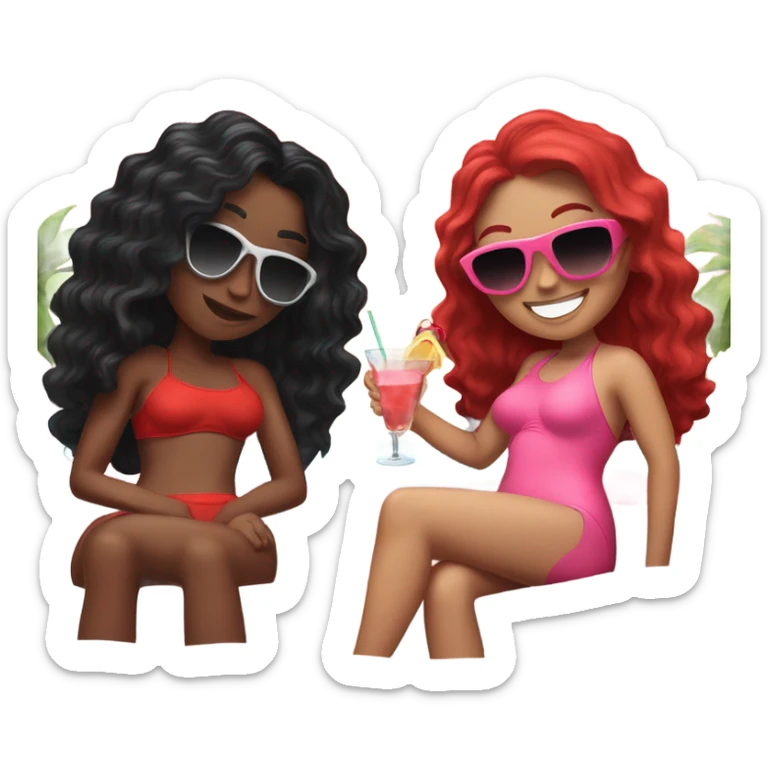 Two girls. One of them with long black wavy hair, sunglasses on, red swimming suit, another one is red hair, pink swimming suit, both drink cocktails and laying on the outdoor couch  sticker