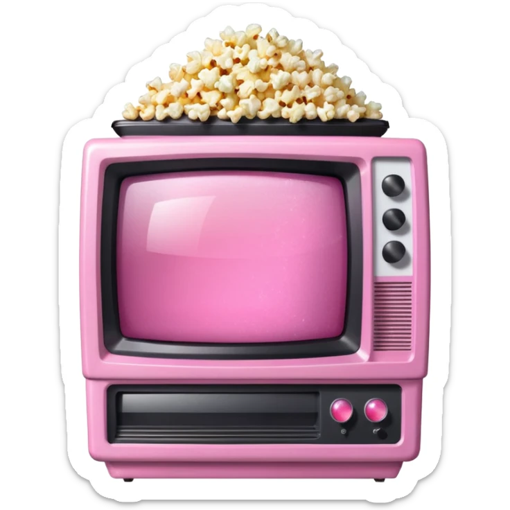 front view of transparent sparkly pink shiny CRT TV sitting on top of pink VCR, with pink/white rhinestone bucket of popcorn beside it sticker
