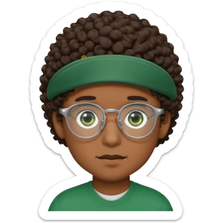 Garçon brun avec une coupe casquette, des cheveux bouclés, des yeux verts foncés et des lunettes rectangulaires transparentes sticker