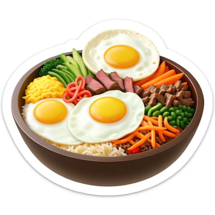 Cinematic Realistic Bibimbap Dish Emoji, showcasing a colorful bowl of mixed rice, assorted vegetables, beef, and a fried egg rendered with lifelike detail and vibrant, harmonious lighting. sticker