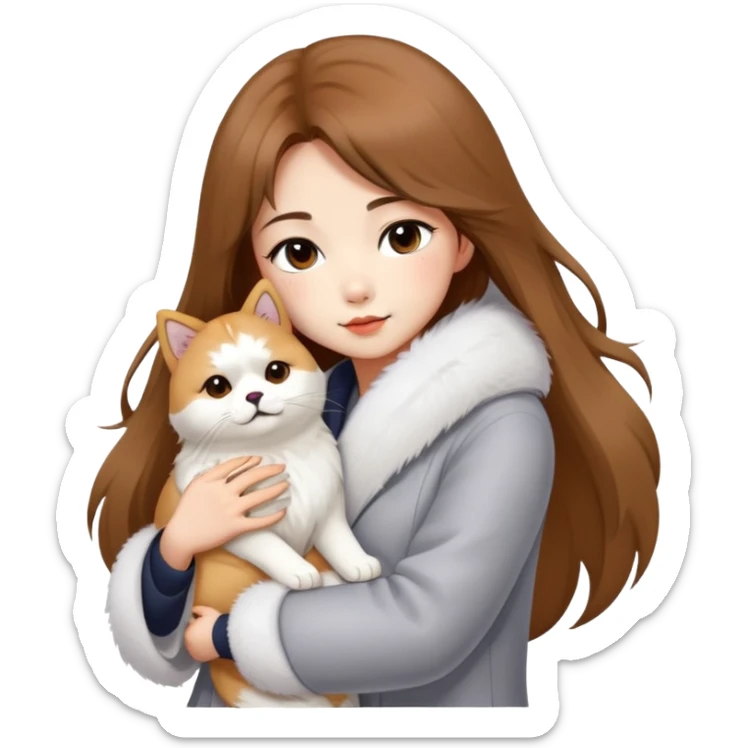 A Chinese fashion pretty girl with brown hair, wearing a light gray fur coat, hugging a Shiba Inu and a long-haired white Persian cat. sticker