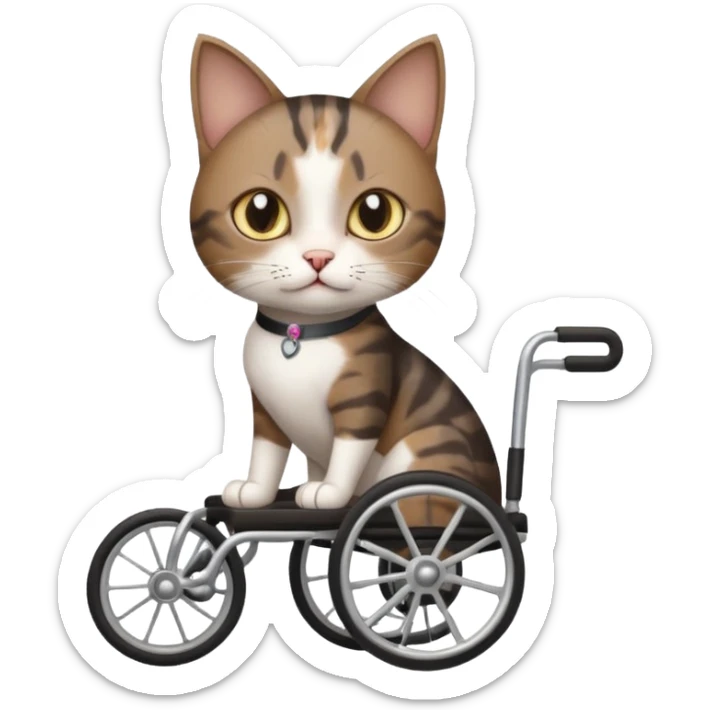 full body small short hair dark brown and white cat with hazel eyes walking in a wheelchair for cats sticker