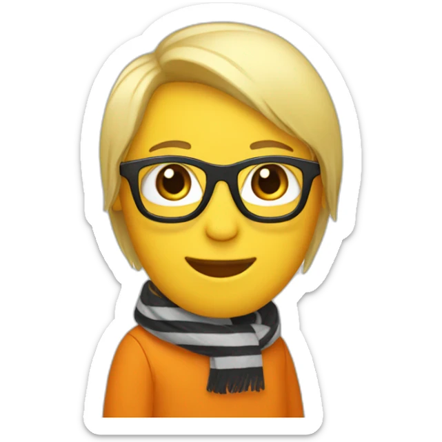 yellow penguin with black glasses blonde hair with orange tshirt and gray striped scarf sticker