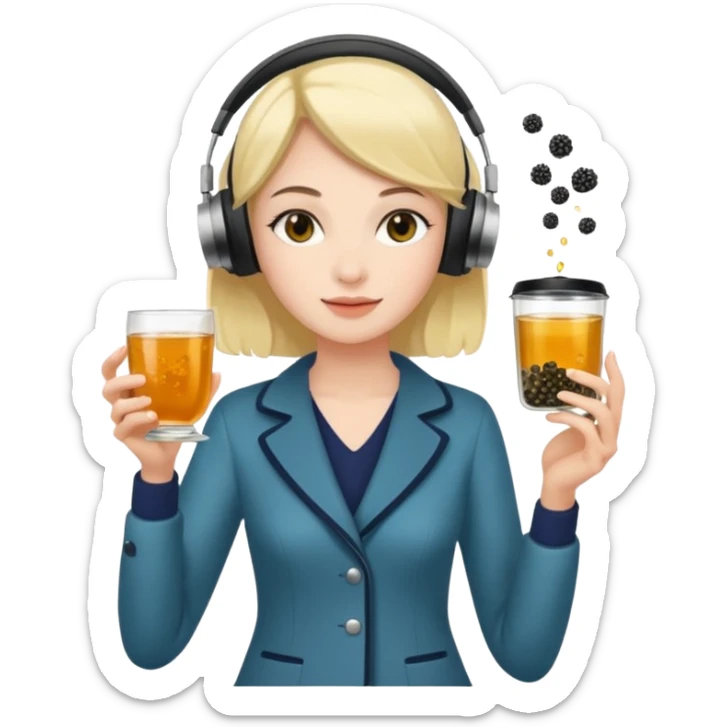 a young woman full length walks with headphones on with a caviar toast in one hand and herbal tea in the other hand sticker