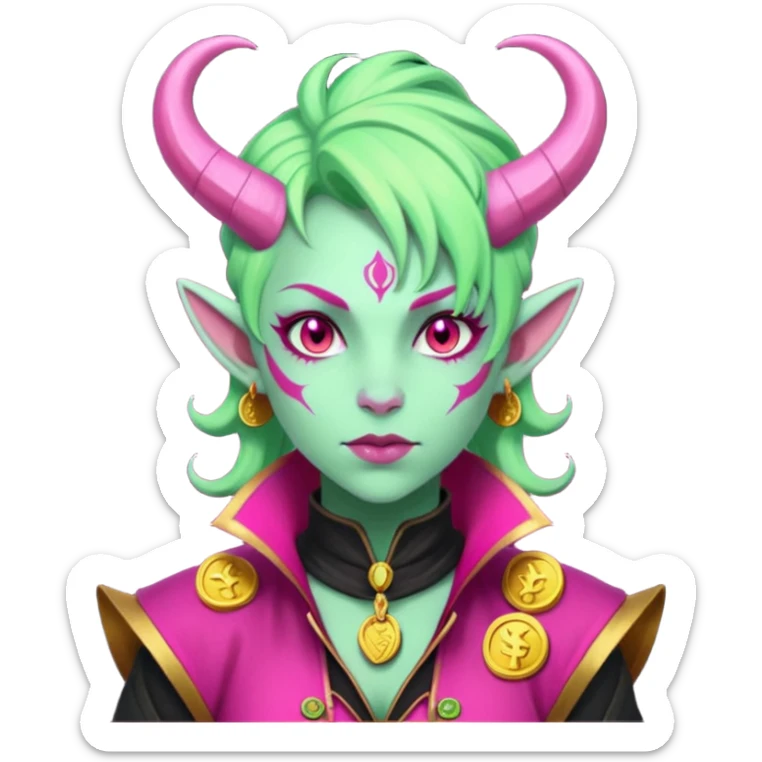 A D&D tiefling with pale green skin and hot pink hair. She is a rouge and is obsessed with gold sticker
