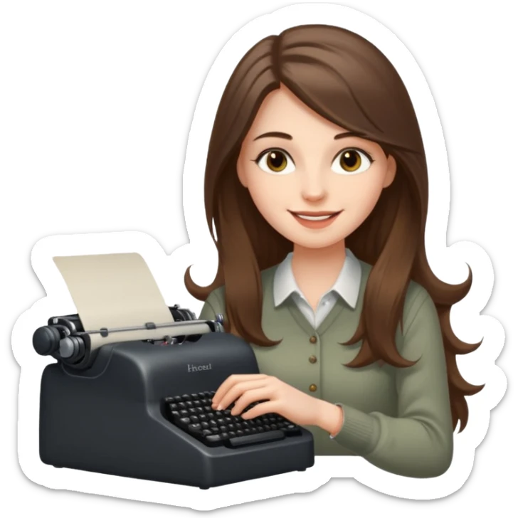 smiling white long brunette hair girl with hazel eyes typing on a typewriter sticker