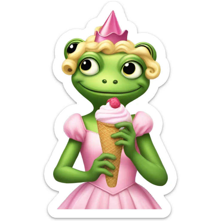 Frog eating ice cream and wearing a pink dress for wicked playing as glinda sticker