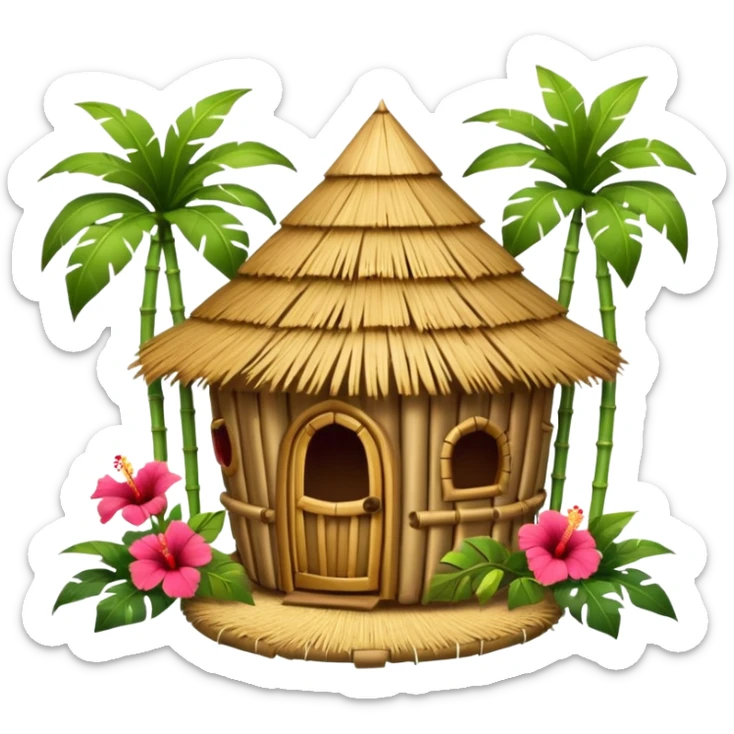 Hawaiian tiki hut house, round tropical hut, bamboo details, thatched roof, tiki masks decoration, hibiscus flowers, cute mobile game icon, 3D cartoon, clean background, no text sticker