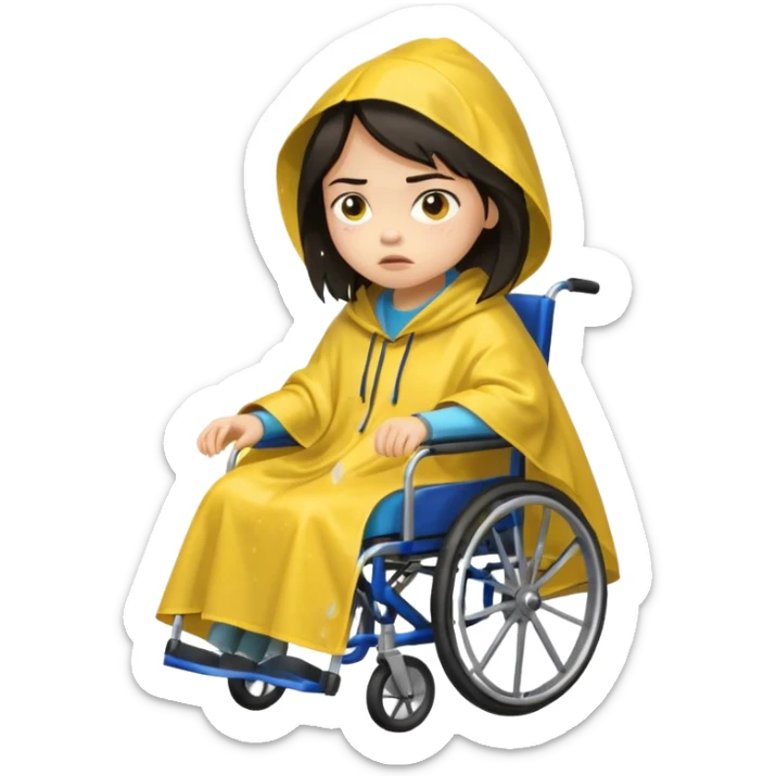 Girl with dark hair  in a wheelchair with rain poncho mad with raining  sticker