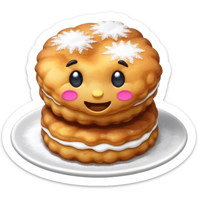 Buñuelo Cinematic Realistic Buñuelo Dessert Emoji, depicted as perfectly round, fluffy fritters served in a small bowl with a dusting of powdered sugar, rendered with vibrant textures and warm, inviting lighting. sticker