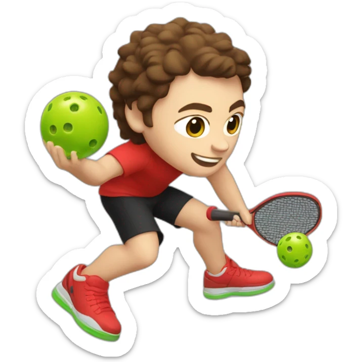 Young guy with brown hair playing pickleball full body red shirt black shorts solid black paddle sticker