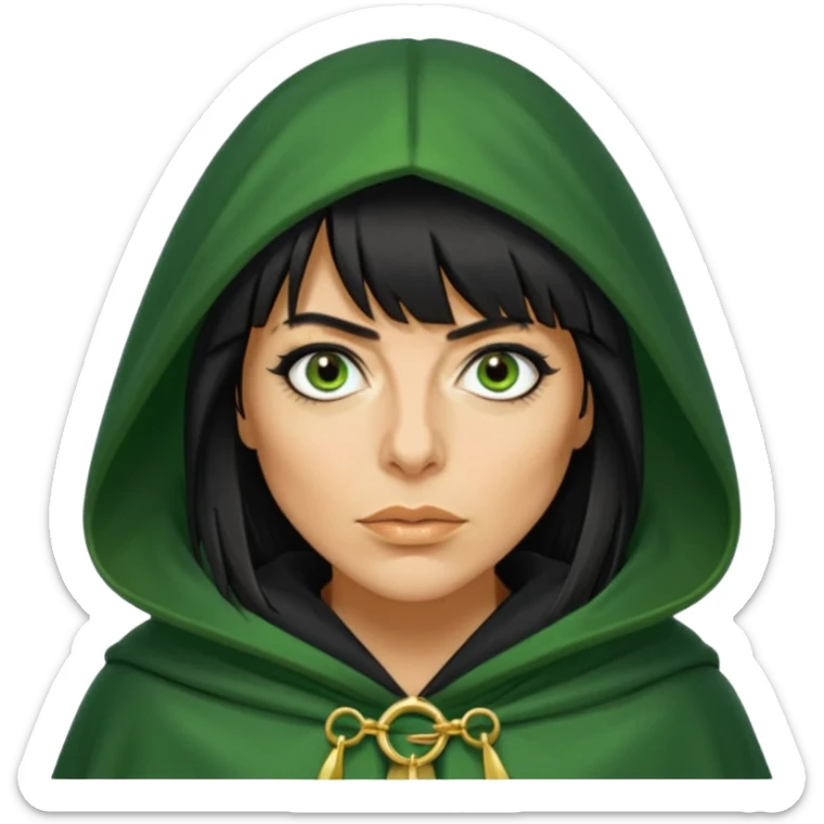 claudia winkleman with a heavy fringe and a fake tan as a traitor with a green hooded cloak with a gold clasp and dark black eyeliner sticker