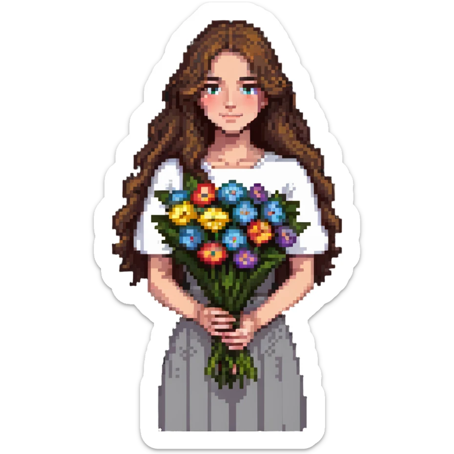 Cool girl with long brown hair holding a bouquet of flowers sticker