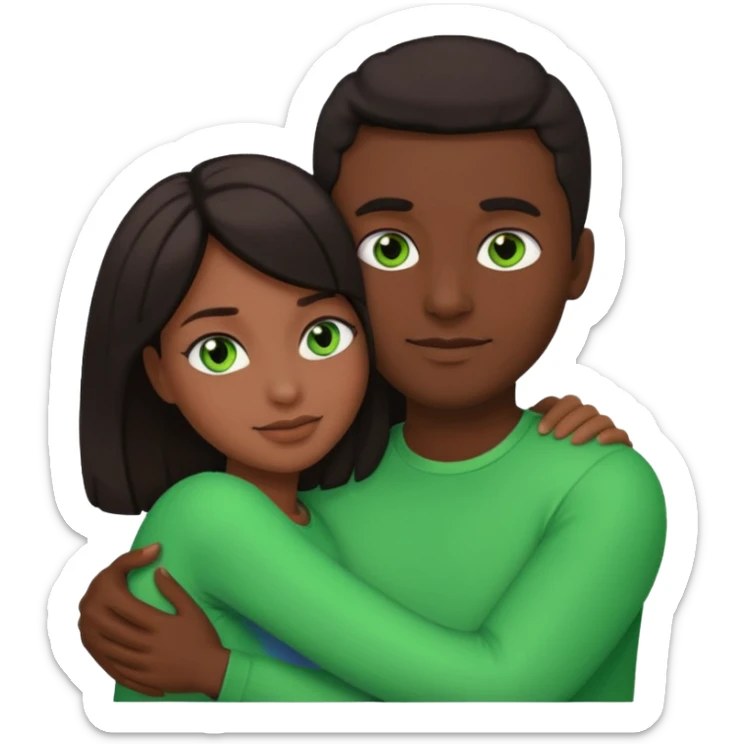 black man hugging a woman with dark hair and green eyes, emoji style sticker