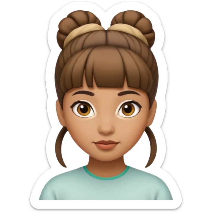 In Apple Memoji format, a girl with bangs and her hair in a bun. The girl has light brown skin and arab ethnic features sticker