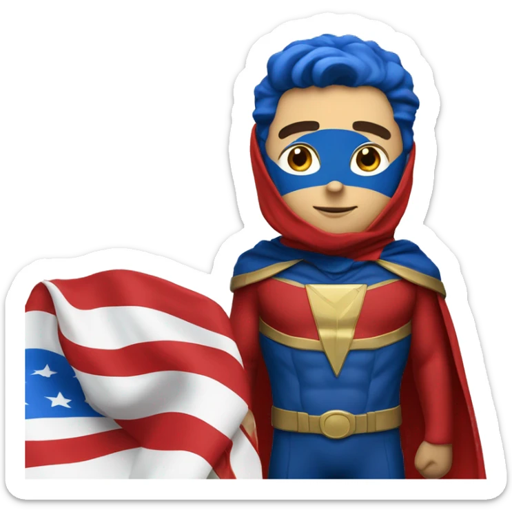 Emoji of Homelander from ‘The Boys’ series. USA flag-inspired costume with cape (red, blue, white). Confident, slightly menacing expression. sticker