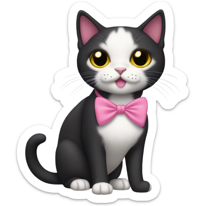 full body black shorthair cat with pink ears on the inside and yellow eyes, with a pink bow sticker