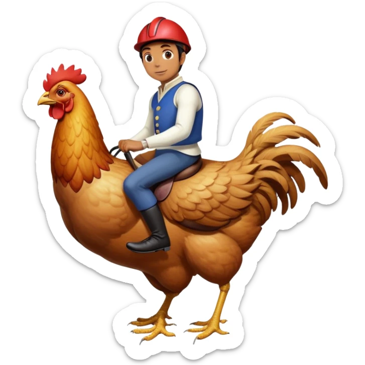 person riding a giant chicken like a jockey, funny meme, comical, human jockey on chicken sticker