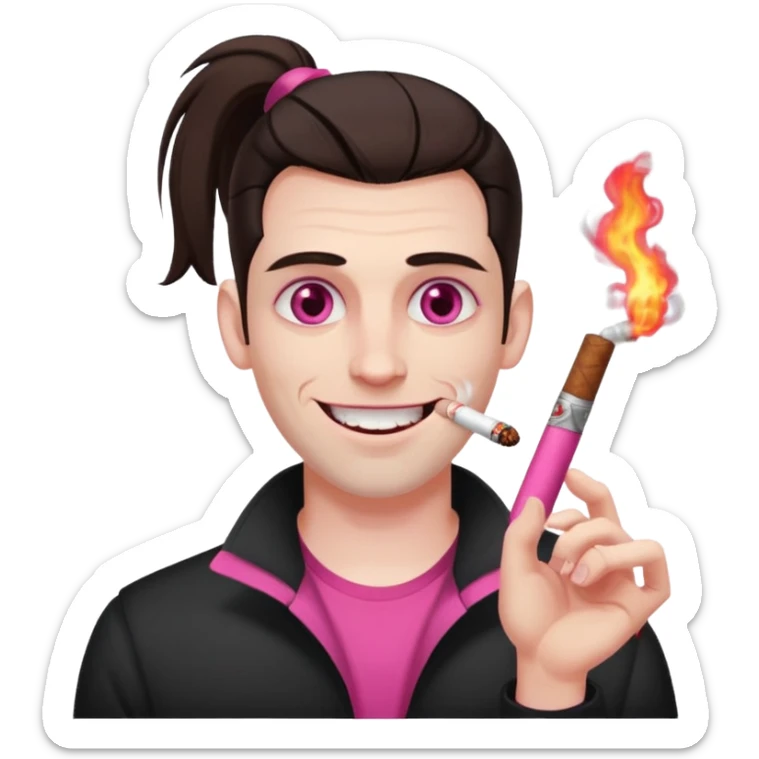 A white man with dark brown hair in a ponytail, oversized bloodshot pink eyes, grinning, smoking a long roll up sticker