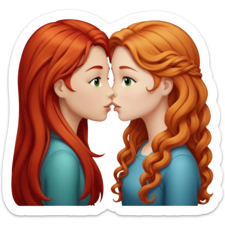two girls kissing, one with long straight red hair, the other with long curly blonde hair sticker