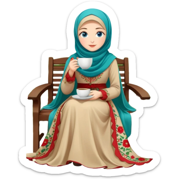 Turkish beautiful finish Konya girls blue eyes with Beautiful beige red green floral hijab long tail dress and this two friends sit in a lovely garden on the chair on the ground and holds cup coffe with her hand  sticker