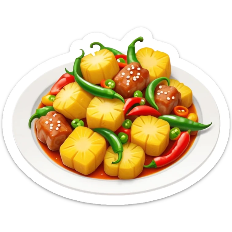 Sweet and Sour Pork with pineapple and bell peppers, simplified emoji style with bold outlines and bright colors, cartoon style Gu Lao Rou popular dish sticker
