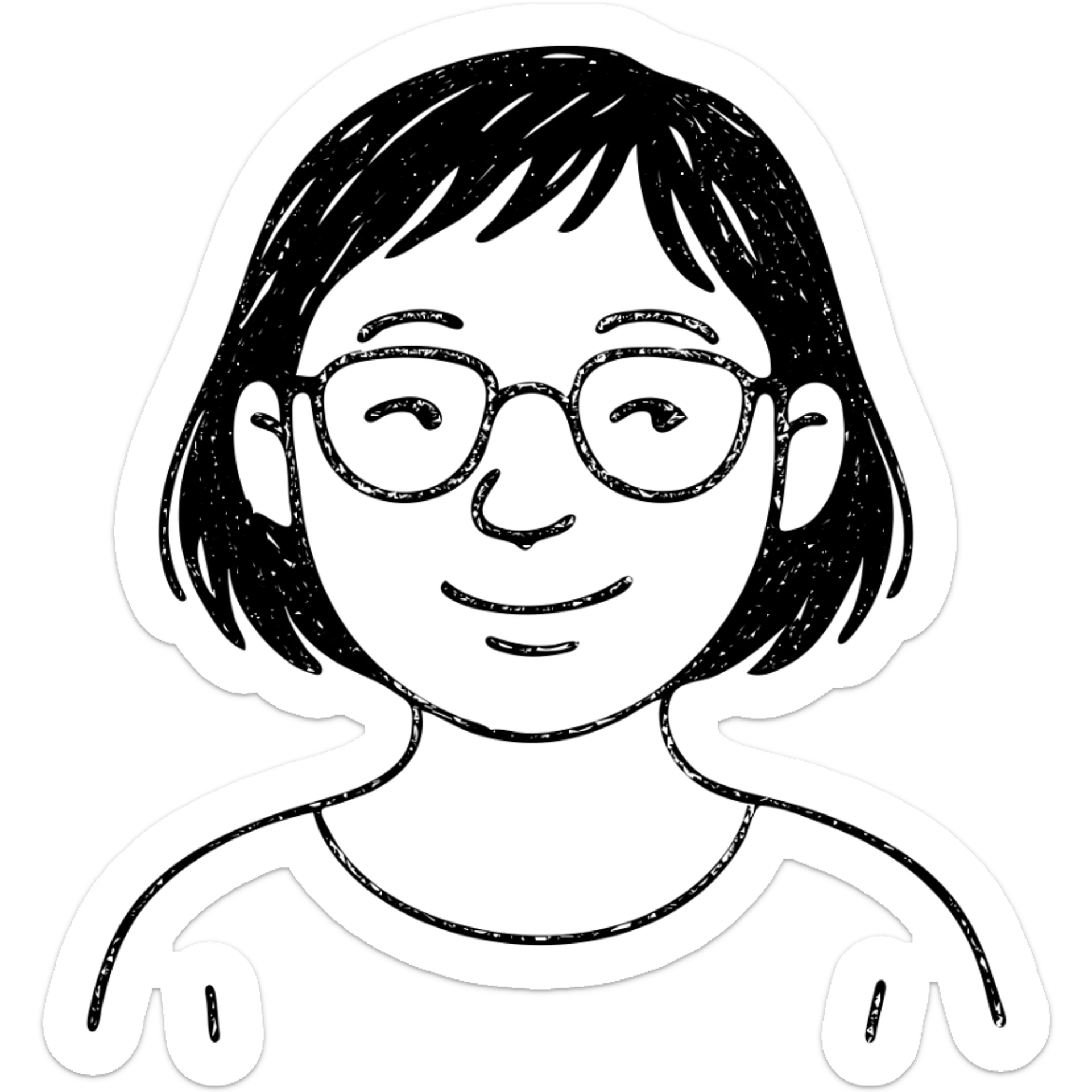 Asian girl with tan skin, short black hair, and glasses, hand drawn outlined icon sticker