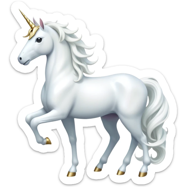 cinematic-beautiful-white-unicorn-full body-emoji,-poised-and-regal,-with-a-slender,-ethereal-form-draped-in-a-pristine-white-color,-a-flowing-mane-and-tail,-and-a-glistening,-spiraled-horn-that-radiates-pure-light,-simplified-yet-sharp-and-majestic, zoomed out to show a majestic unicorn sticker