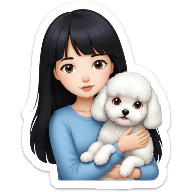 A beautiful girl with long black hair and bangs hugs a little Bichon Frise tightly sticker