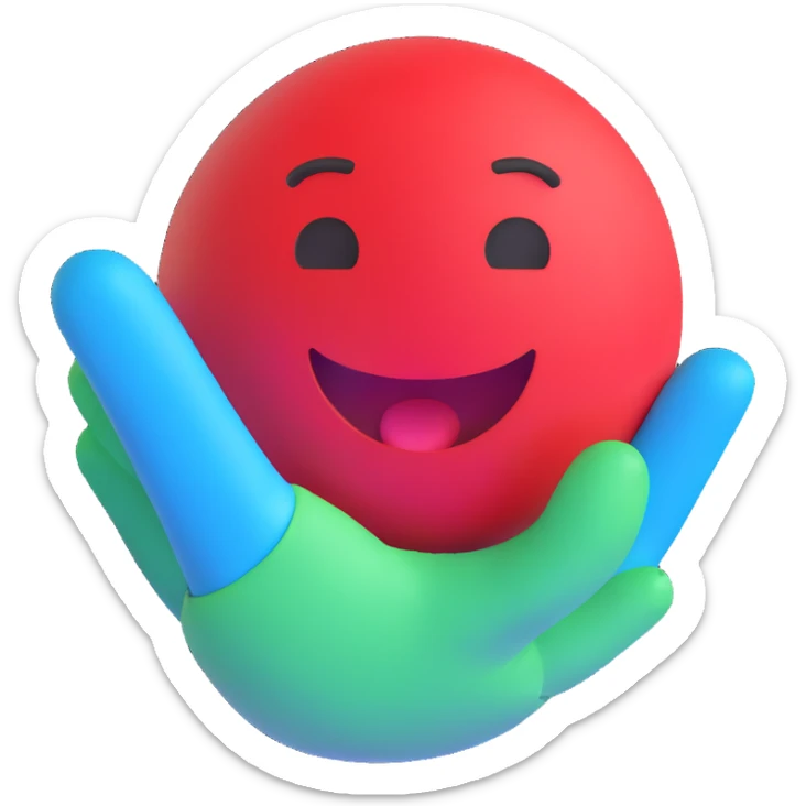 round 3d emoji with a winky face making the call me hand signal, red and baby blue colors sticker