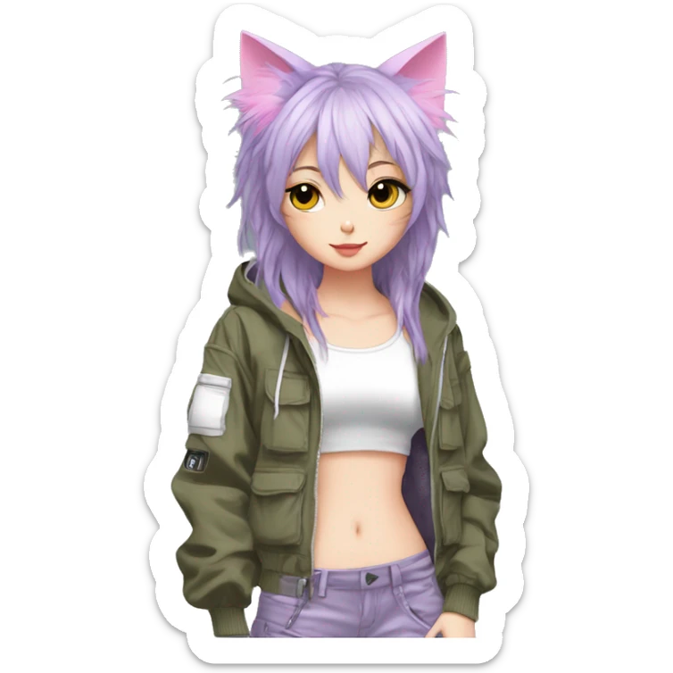 Edgy cool shy beautiful pretty anime punk tomboy with cat ears techwear cargo pants hoodie sticker