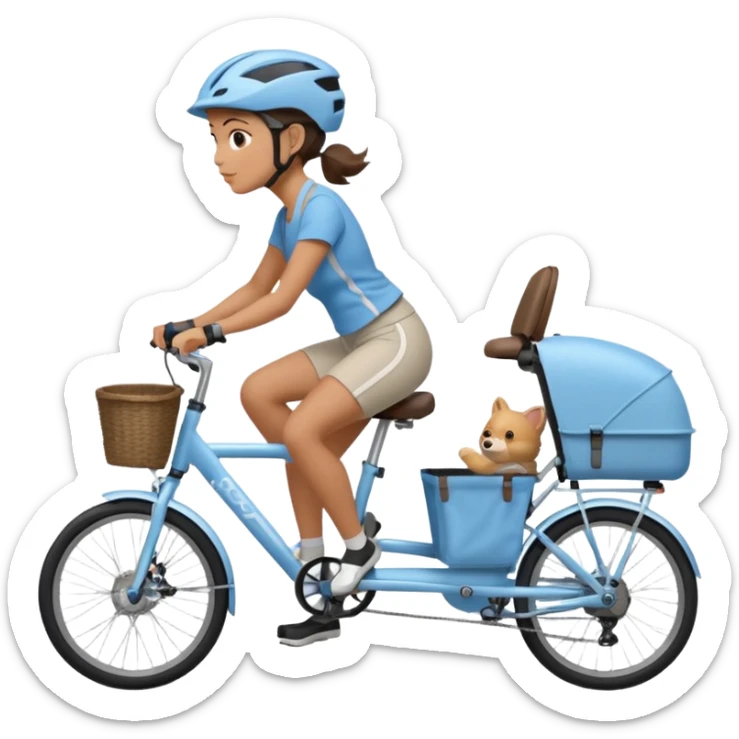 A women who rides a gray e bike with a light blue bike trailer for kids which is attached to the bicycle  sticker