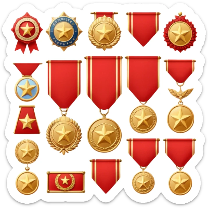 Icon for Collecting Orders, Medals & Badges: a variety of vintage orders, medals and badges, displayed neatly on a big red pennant. The icon should reflect the honor and historical significance of these collectible items. Transparent background. sticker