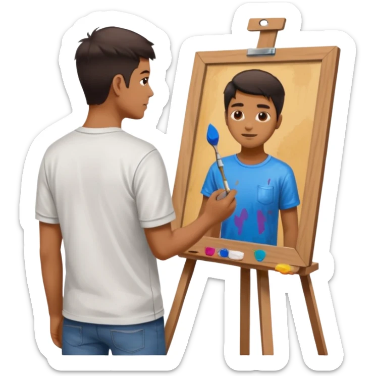 the artist stands with his back to the painting, painting a portrait sticker