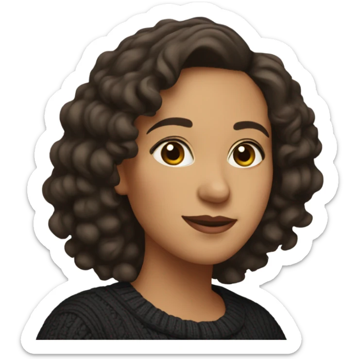 Hispanic woman in 40’s curly hair shoulder length big eyes black sweater sticker