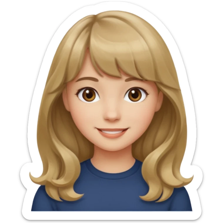 A girl with wavy, dark blonde hair, straight bangs, and straight eyes. She is smiling. sticker