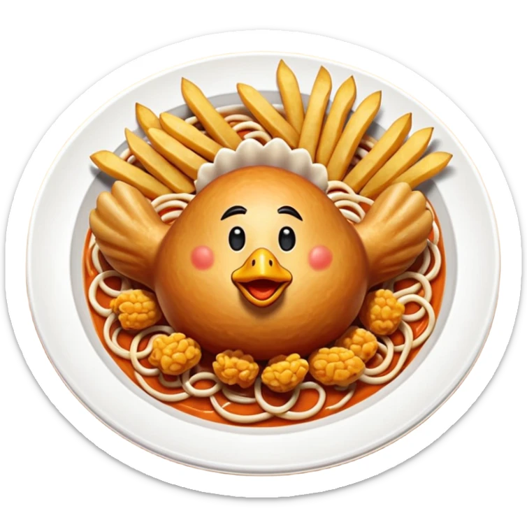 Plato redondo visto desde arriba con pollo en trozos crujientes bañados en salsa agridulce brillante color naranja, acompañado de pastas y papas fritas doradas gruesas al lado sticker