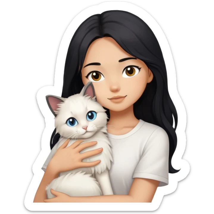 A beautiful girl with long black hair wearing a white short-sleeved shirt hugs a ragol cat sticker