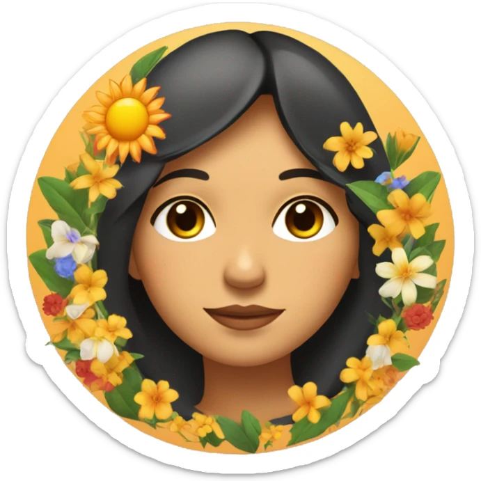 Latino woman's face inside a circle with a moon, flowers, and a sun in a line along the bottom of the circle. sticker